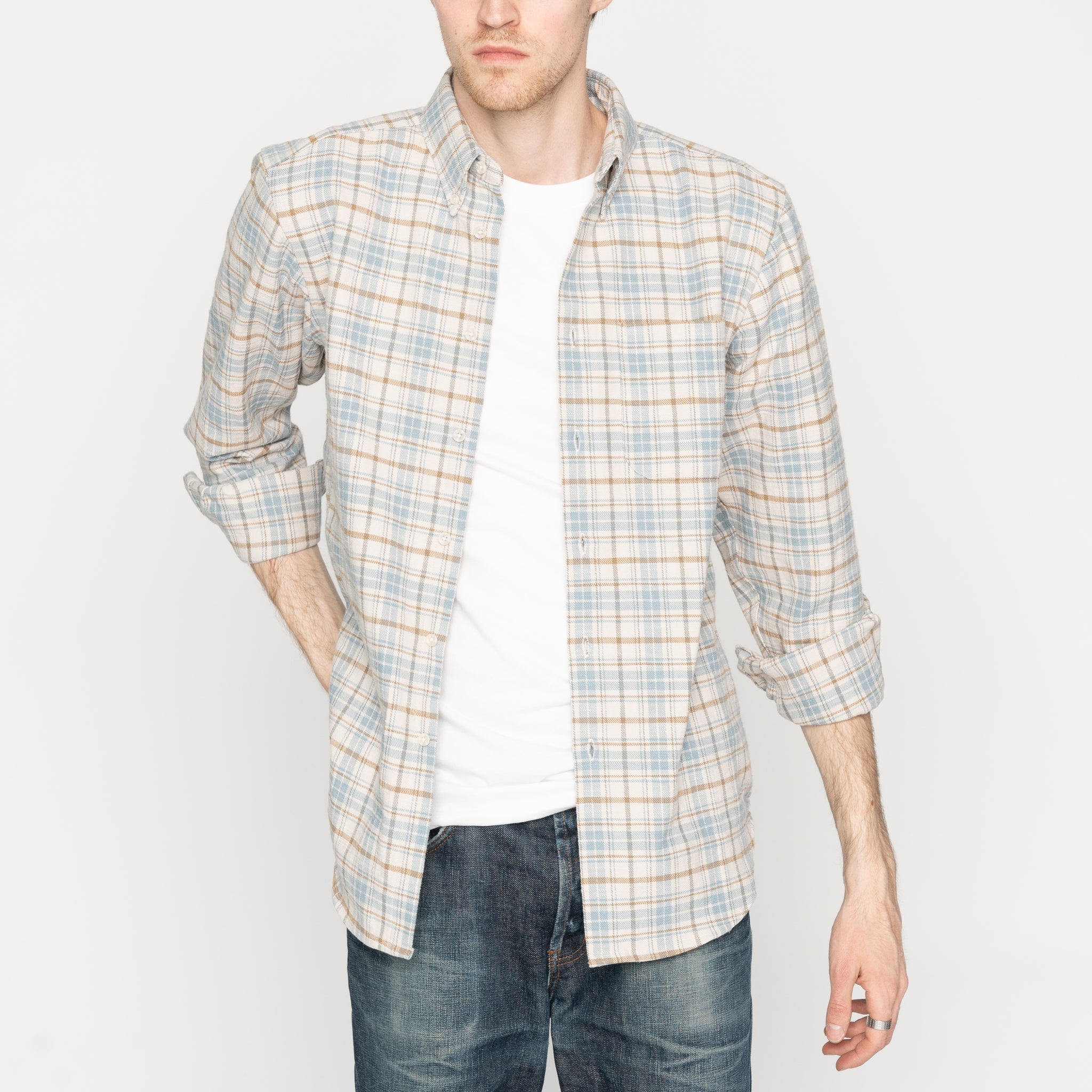 Easy Shirt - Big Slub Check Flannel - Pale Blue by Naked & Famous Denim