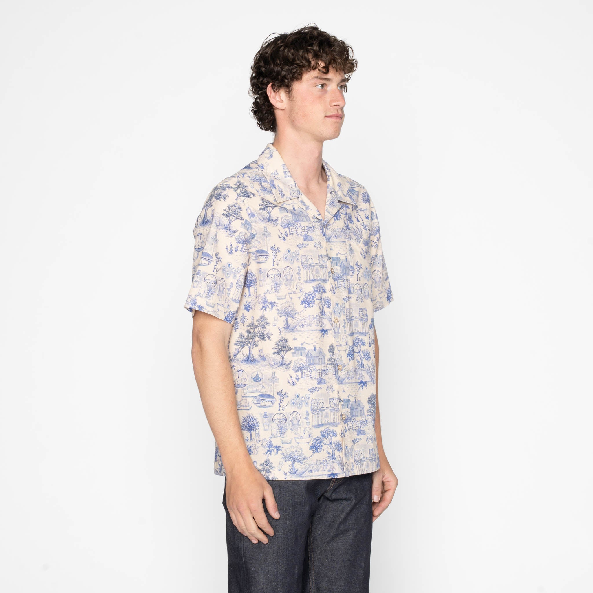 Aloha Shirt - Linen Cats - Blue by Naked & Famous Denim