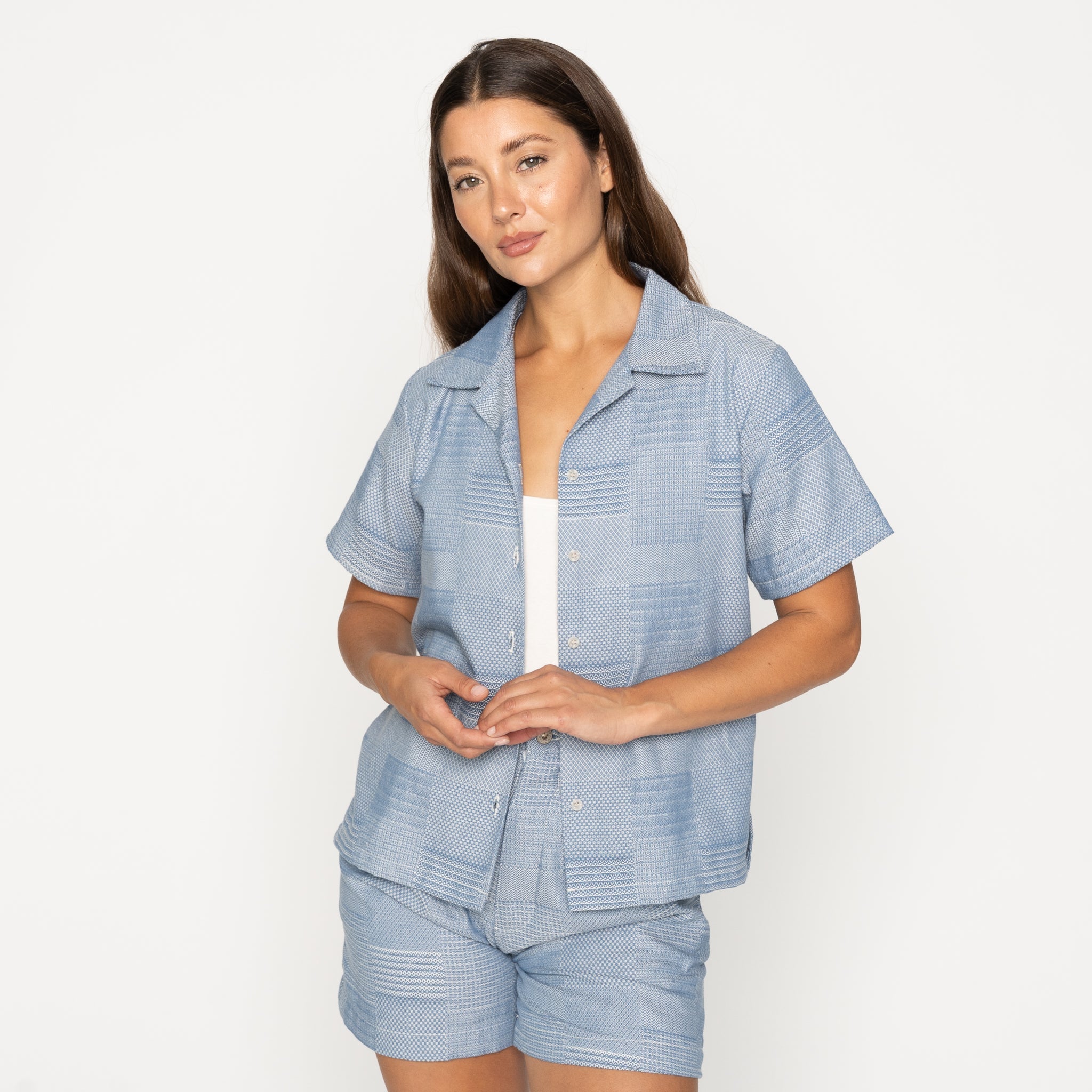 Camp Collar Shirt - Dobby Patchwork - Pale Blue by Naked & Famous Denim