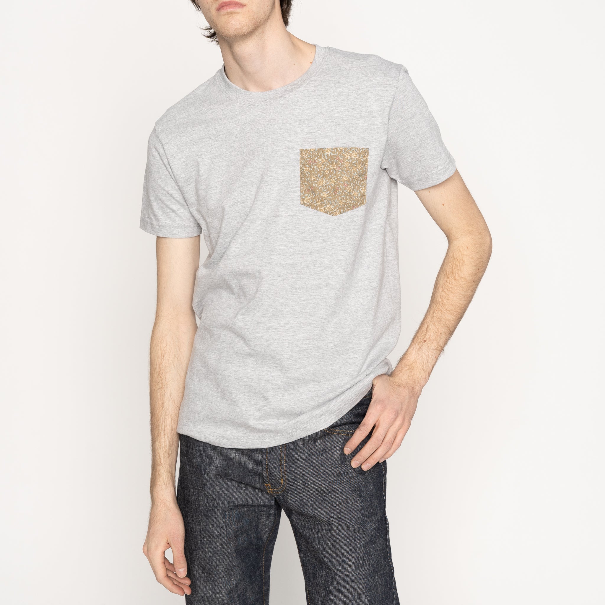 Pocket Tee - Heather Grey - Bell Flowers - Cinnamon by Naked & Famous Denim