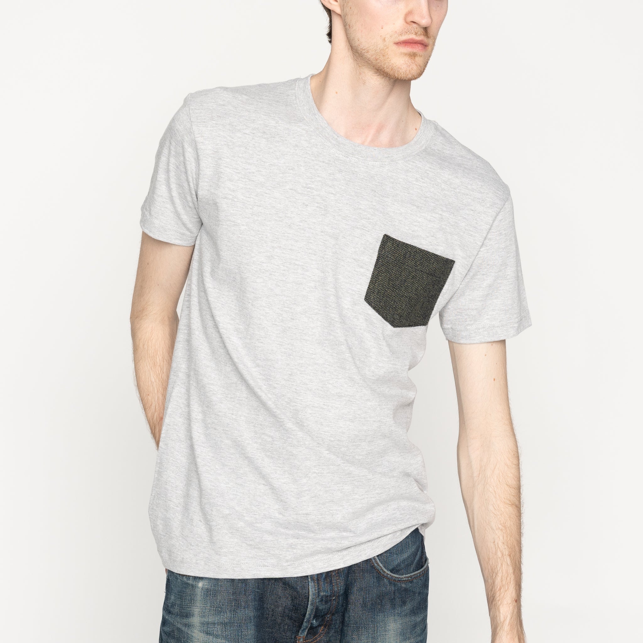 Pocket Tee - Heather Grey - Triple Yarn Twist Brushed Flannel - Forest Green by Naked & Famous Denim