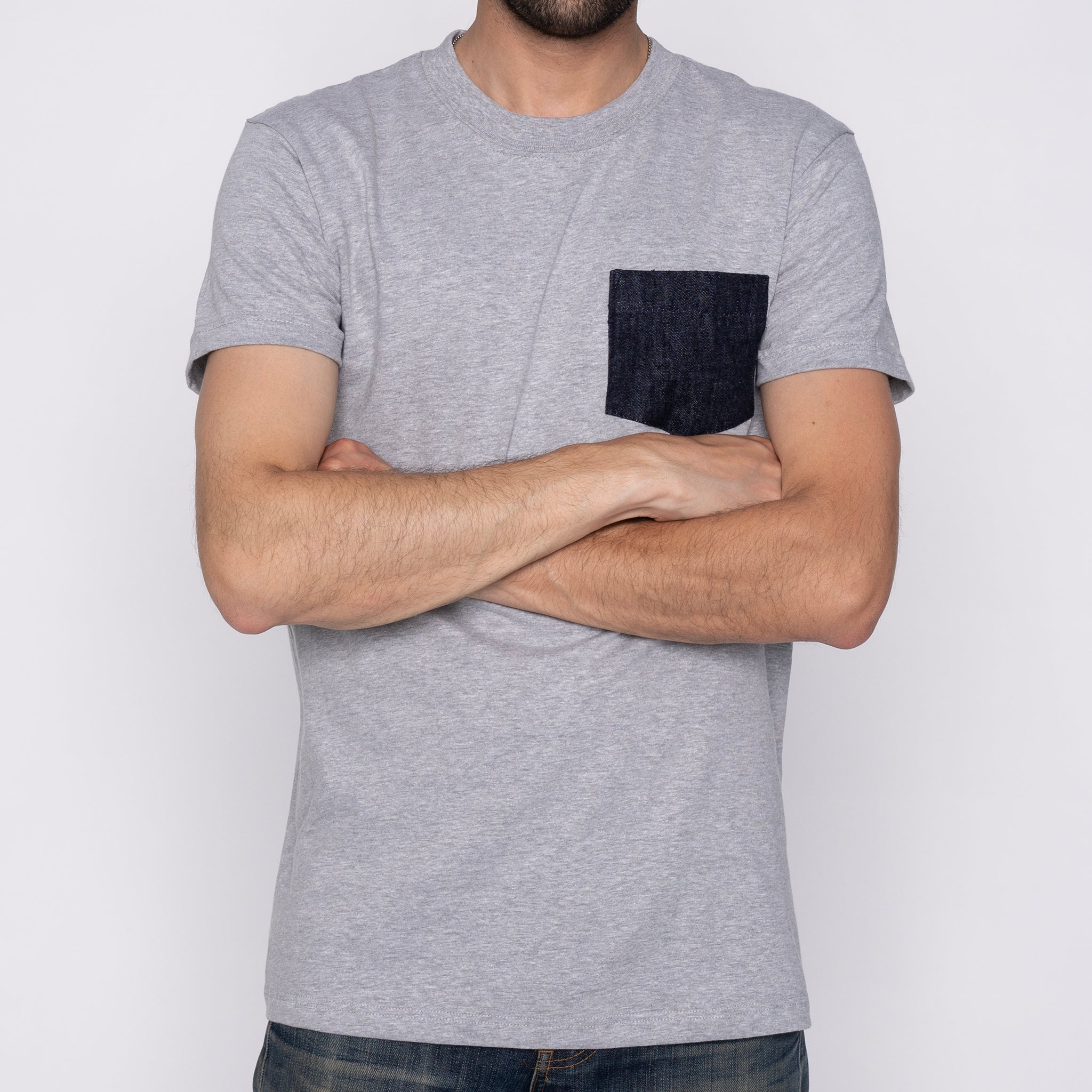 Pocket Tee - Heather Grey + Slub Nep Rinsed Denim by Naked & Famous Denim