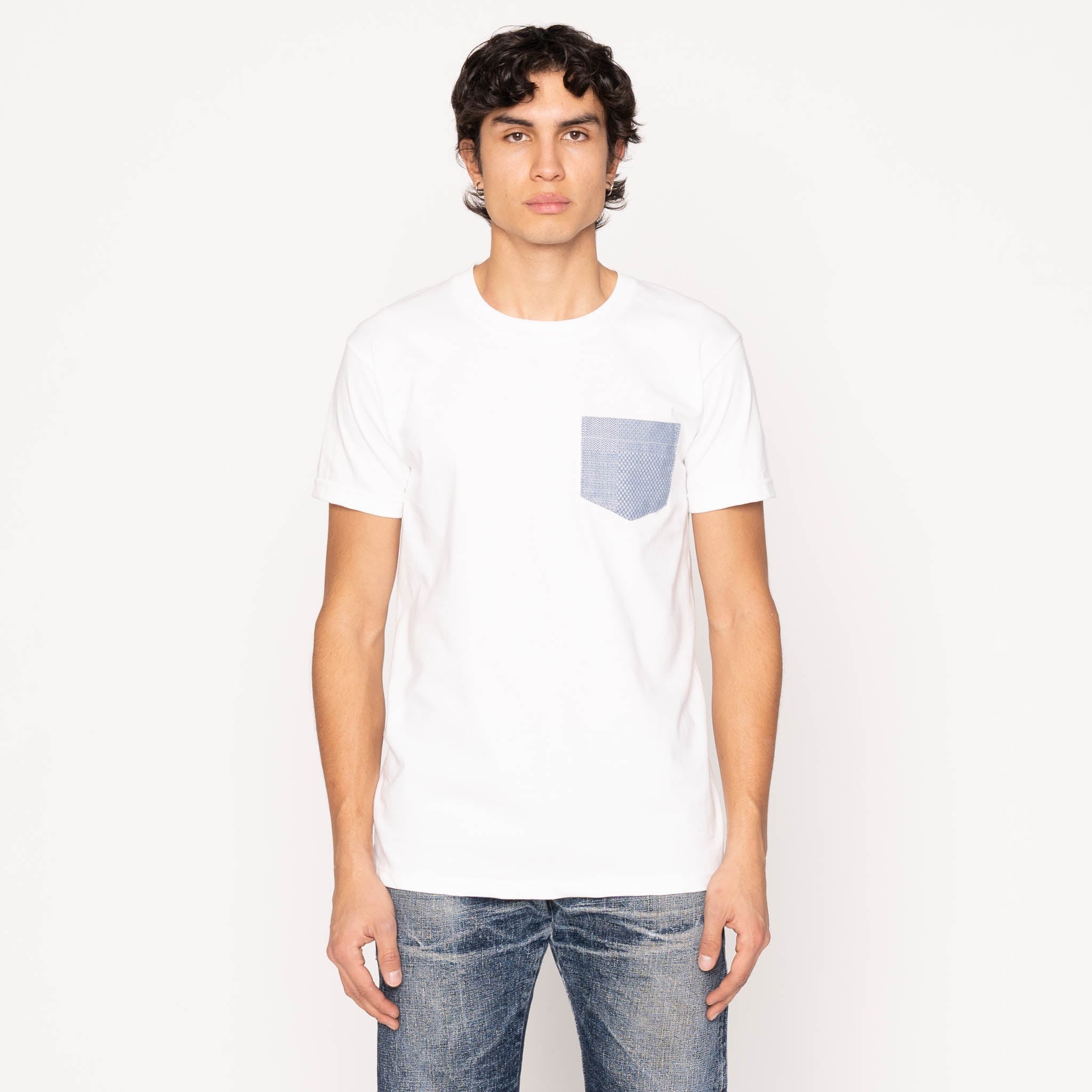 Pocket Tee - White - Dobby Patchwork - Pale Blue by Naked & Famous Denim