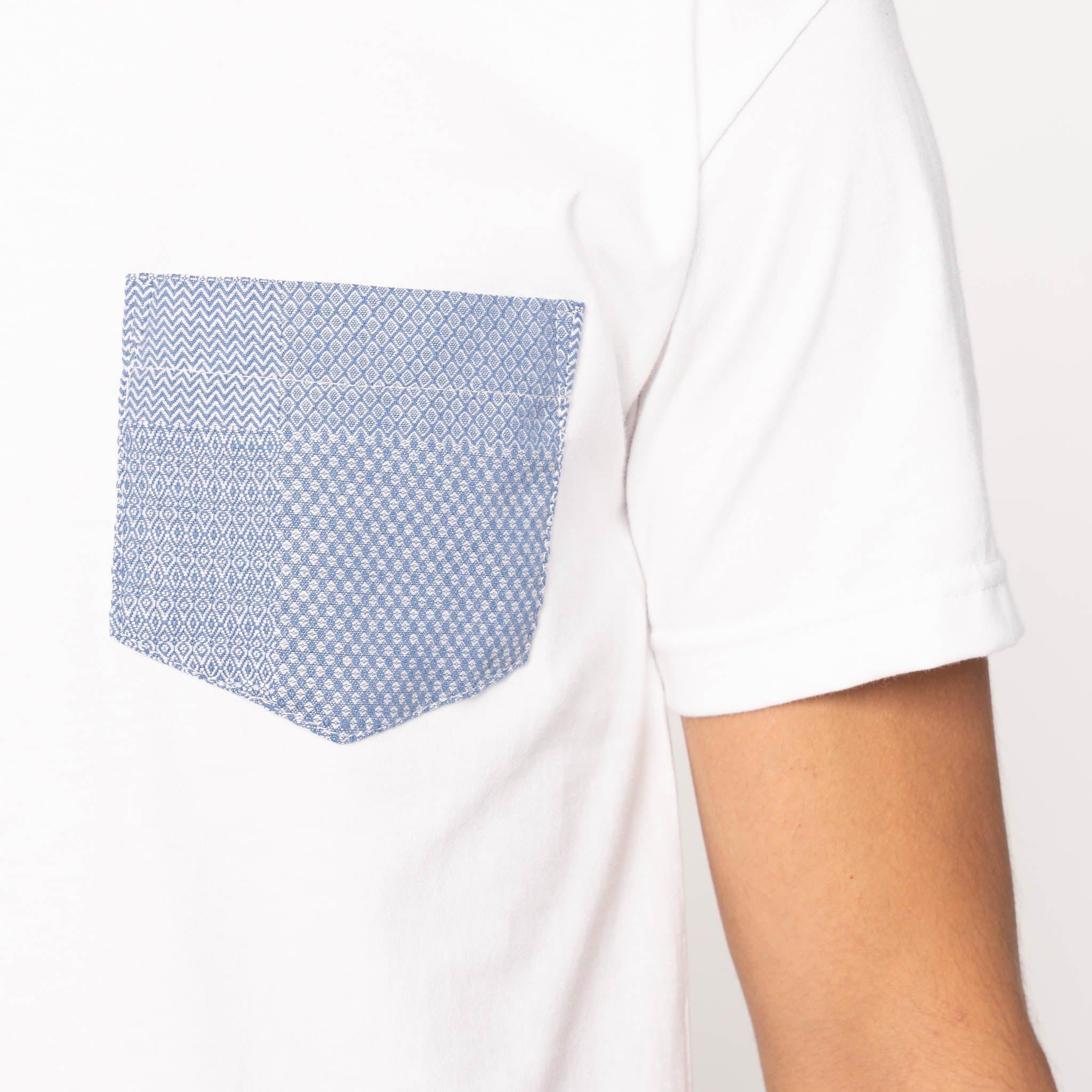 Pocket Tee - White - Dobby Patchwork - Pale Blue by Naked & Famous Denim