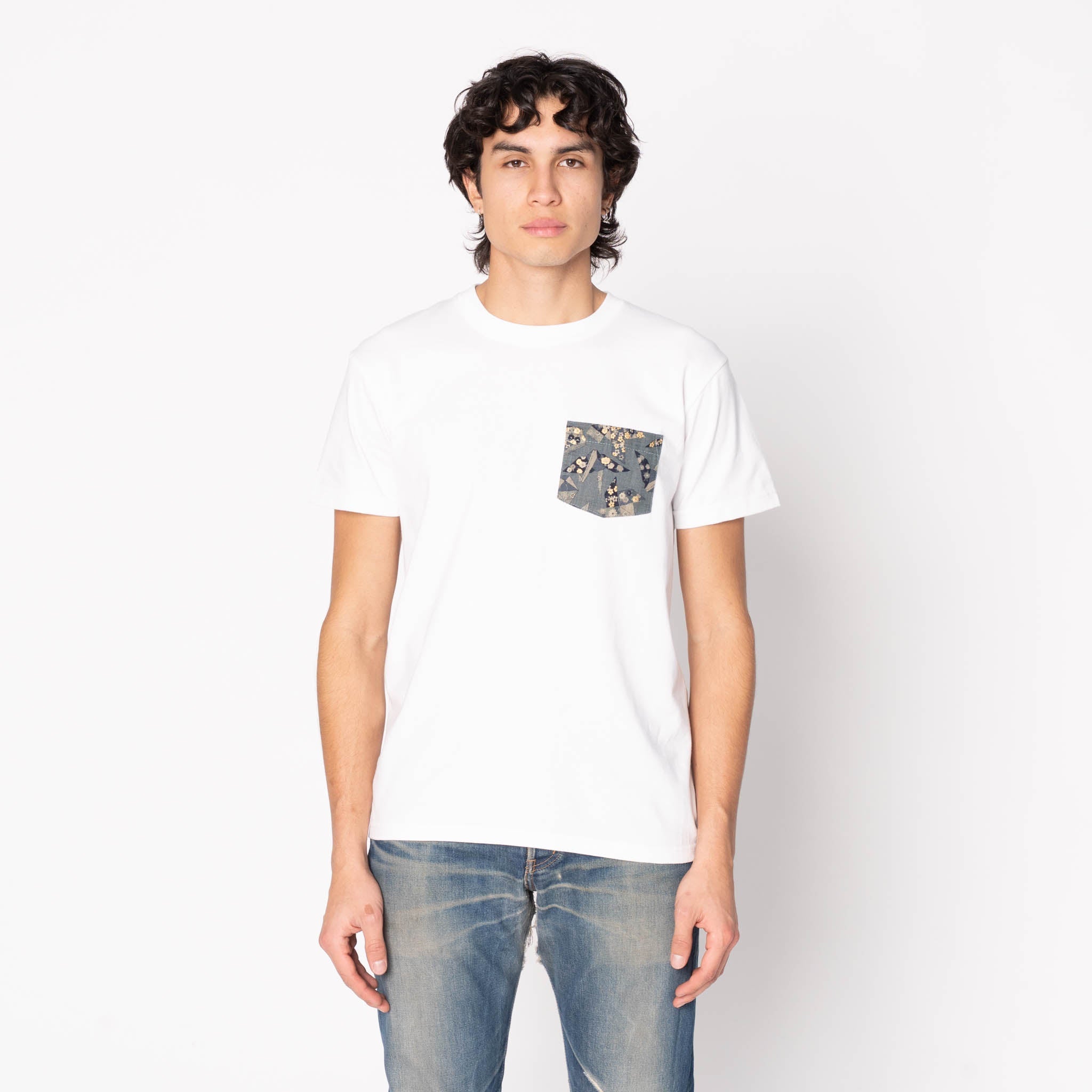 Pocket Tee - White - Origami Poplin - Blue by Naked & Famous Denim
