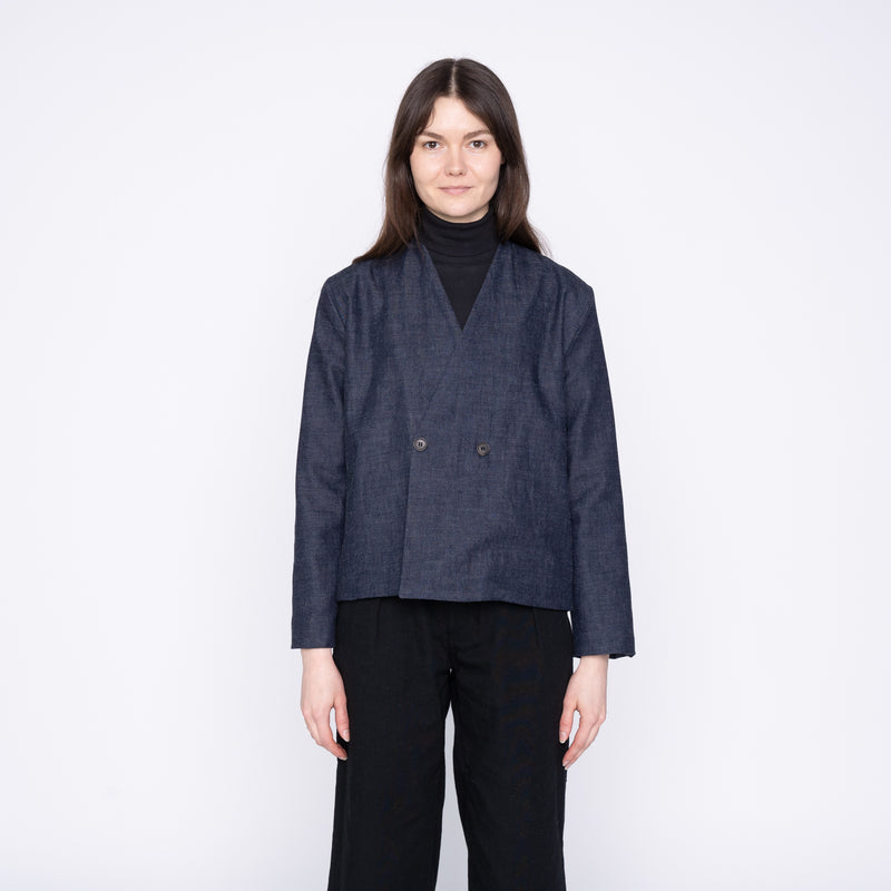 Collarless Jacket - Slub Nep Rinsed - Indigo