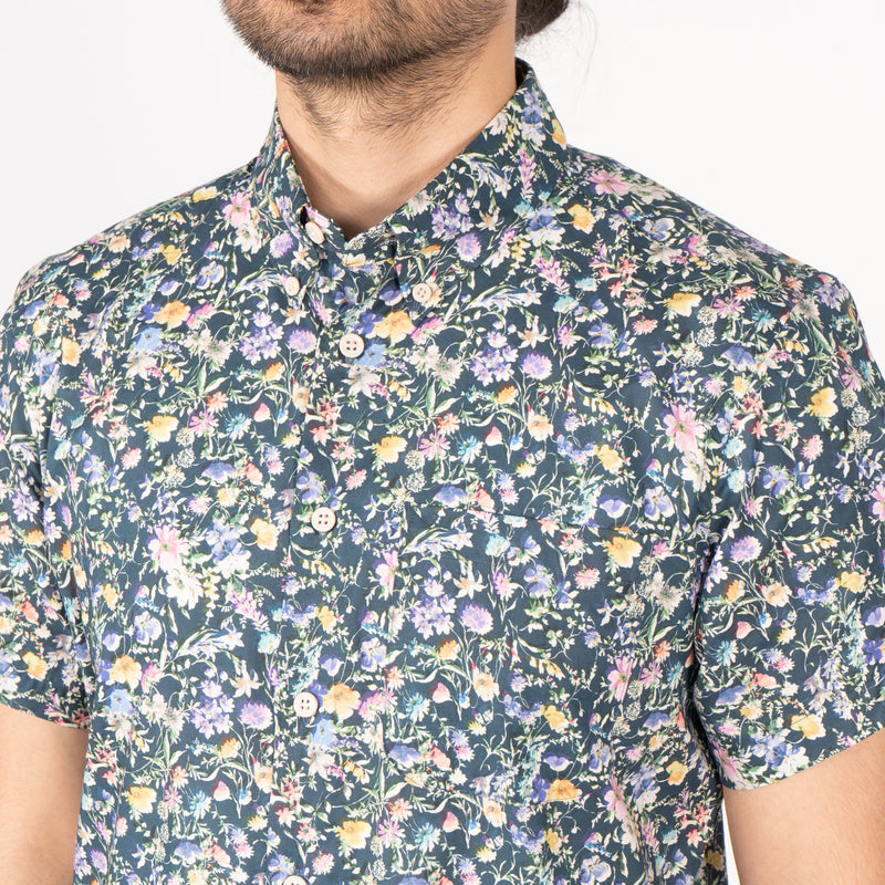 Short Sleeve Easy Shirt - Flower Painting - Navy | Naked & Famous Denim