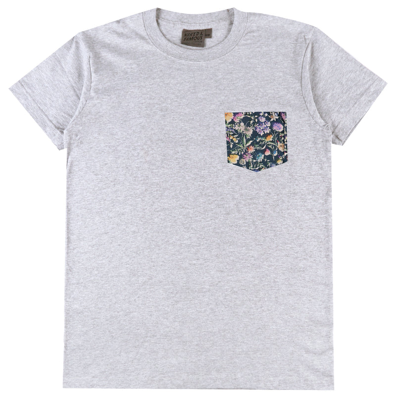 Pocket Tee - Heather Grey -Floral Painting - Navy | Naked & Famous Denim