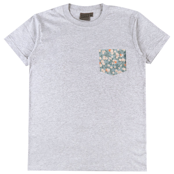 Pocket Tee - Heather Grey - Fruit Print - Cyan | Naked & Famous Denim