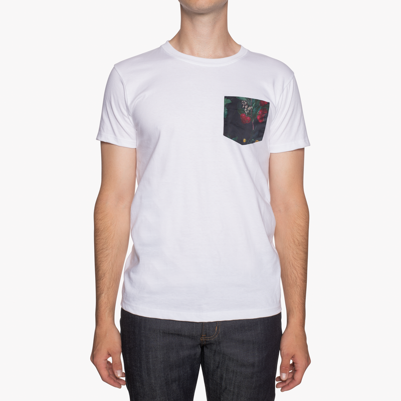 Pocket Tee - White - Botanical Print - Navy | Naked & Famous Denim